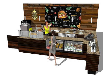 Modern Restaurant Bar Counter With Burgers Fruit Menu Board Staff Serving Customer And Refrigerated 3d model