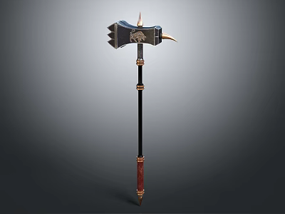 Detailed Fantasy Axe With Ornate Metal Head And Red Wooden Handle 3d model