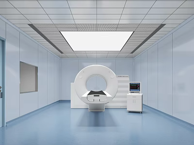 Modern CT Scanner In Medical Examination Room With Blue Floor And Control Console 3d model