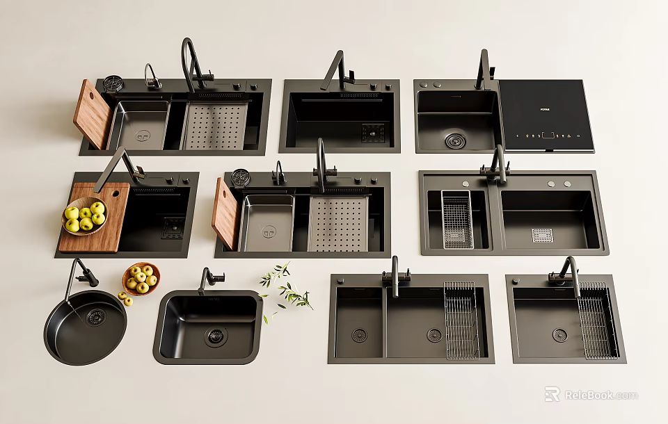 Modern Kitchen Sinks With Various Designs Draining Racks And Chopping Boards On Counter 3d model 