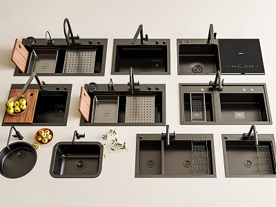 Modern Kitchen Sinks With Various Designs Draining Racks And Chopping Boards On Counter 3d model