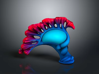 Unique Curved Plant Structure With Red Petal Shaped Leaves And Blue Stem Base Hollow Design 3d model