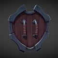 Intricate Decorative Wooden Shield With Metal Edges And Green Floral Emblem