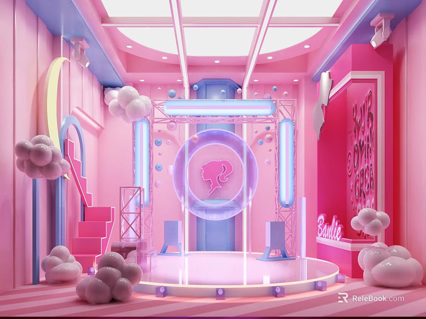 Pink Internet Cafe Interior With Stage Cloud Decorations And Neon Lights 3d model 