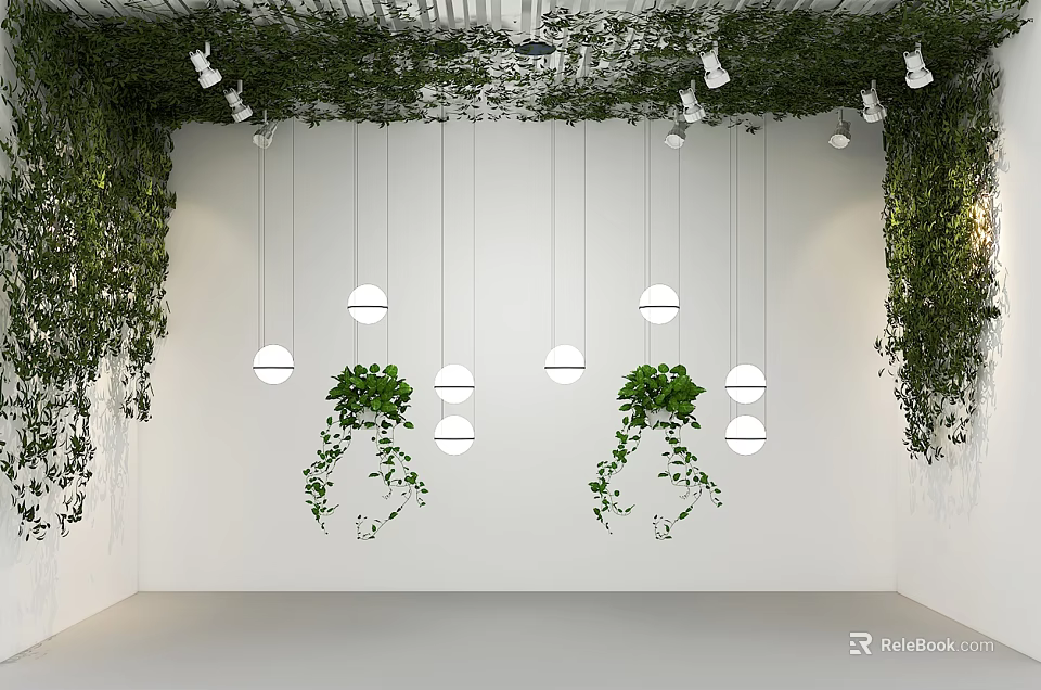 Green Plant Wall Decorated With Hanging Plants And White Pendant Lights In Indoor Space 3d model 