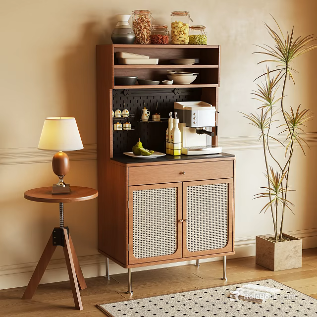 Modern Living Room Sideboard With Rattan Doors Coffee Machine Fruits Dishes And Potted Plant 3d model 