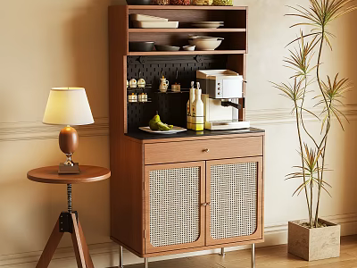 Modern Living Room Sideboard With Rattan Doors Coffee Machine Fruits Dishes And Potted Plant 3d model