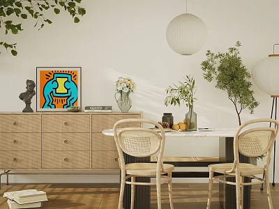 Modern Restaurant Interior With Rattan Chairs Wooden Dining Table Pendant Lights And Green Plants 3d model
