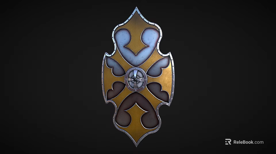 Decorative Gold And Blue Shield With Intricate Patterns Ornate Circular Center And Silver Metallic Edges 3d model 