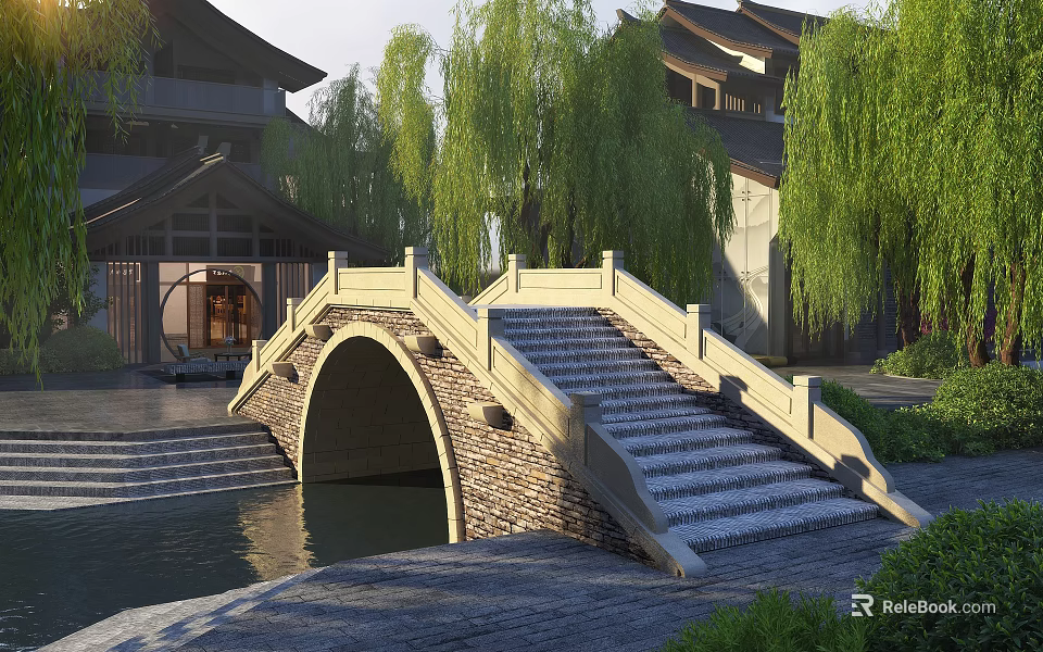 Traditional Chinese Arched Stone Bridge Over Water with Willow Trees and Buildings 3d model 