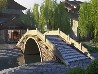 Traditional Chinese Arched Stone Bridge Over Water with Willow Trees and Buildings 3d model