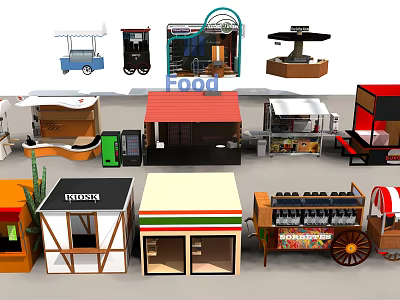 Different Types of Food Stalls Kiosks and Vendor Carts with Various Designs 3d model