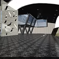 Modern Lobby Interior With Dark Floor Irregular Wall Holes Curved Ceiling And Blue Lighting