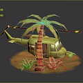 Detailed Helicopter And Palm Tree On Sandy Ground With Surrounding Plants