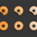 Six Fresh Bitten Donuts With Orange Glaze And Sugar Coated On Black Background