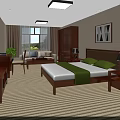 Hotel Room Interior With Wooden Furniture Green Bed Accents TV And Striped Carpet