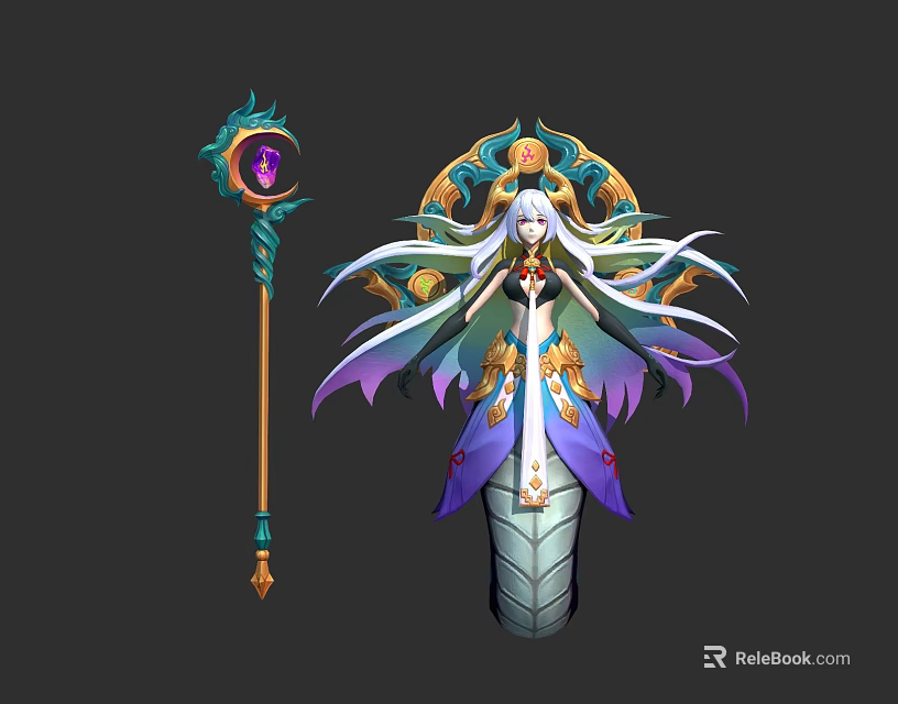 Mythical Character And Serpent Creature With White Hair Ornate Robes Colorful Wings And Gem Staff 3d model 