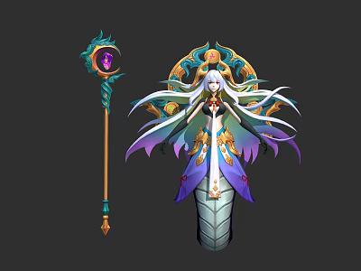 Mythical Character And Serpent Creature With White Hair Ornate Robes Colorful Wings And Gem Staff 3d model