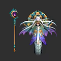 Mythical Character And Serpent Creature With White Hair Ornate Robes Colorful Wings And Gem Staff