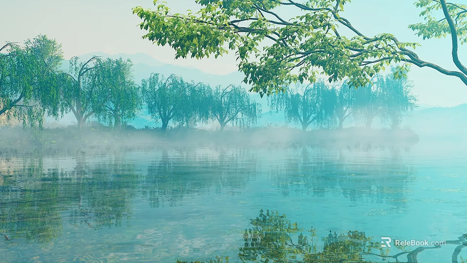 Willow Trees By Calm Water Surface With Misty Distant Mountains And Reflections 3d model