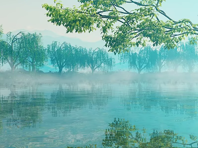 Willow Trees By Calm Water Surface With Misty Distant Mountains And Reflections 3d model