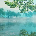 Willow Trees By Calm Water Surface With Misty Distant Mountains And Reflections 3d model