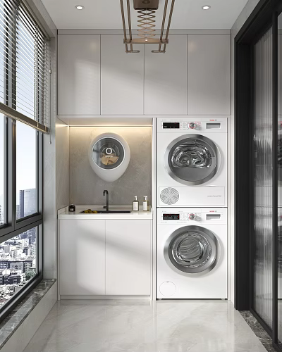 Home Balcony Interior With White Cabinets Washing Machine Dryer And City View 3d model