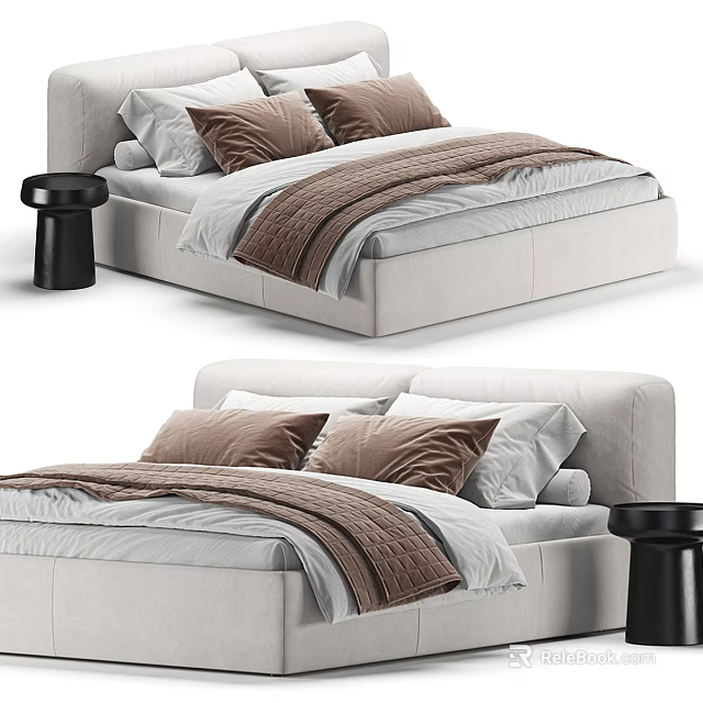 Modern Beige Double Bed Interior Design With Brown Pillows And Blanket 3d model 