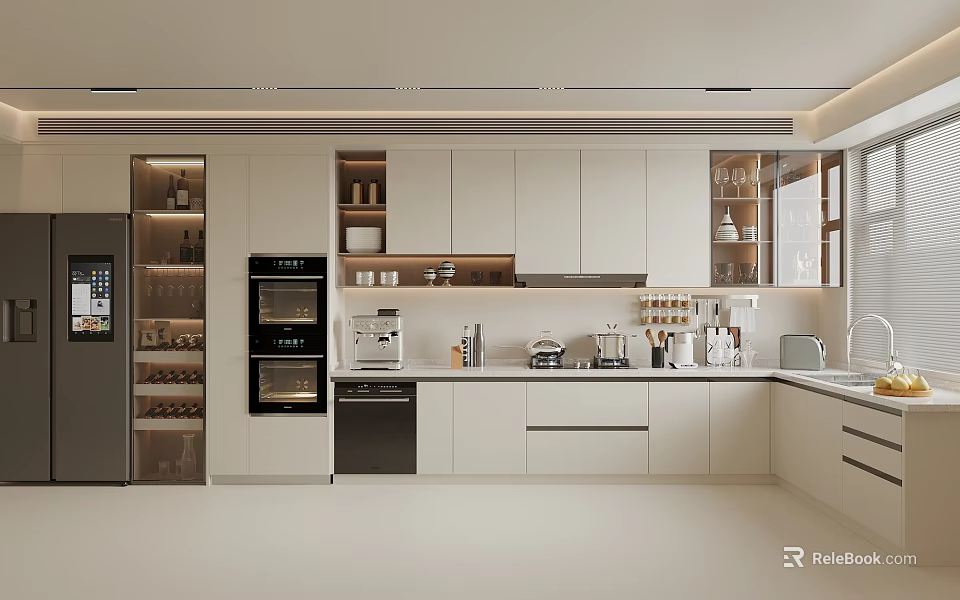 Modern Kitchen With White Cabinets Black Appliances Glass Door Wall Cabinets And Built in Design 3d model 