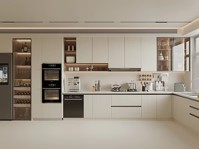 Modern Kitchen With White Cabinets Black Appliances Glass Door Wall Cabinets And Built in Design 3d model