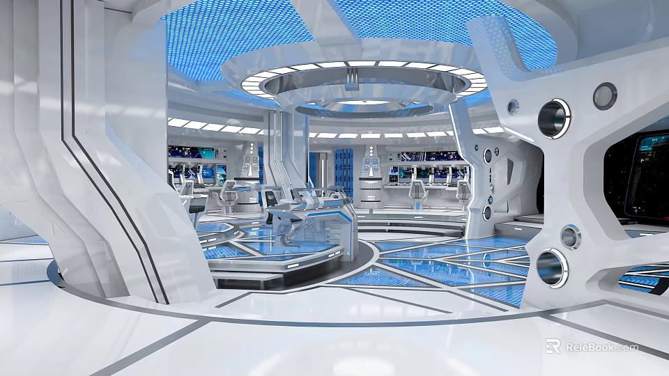 Futuristic High Tech Control Room Interior With Circular Consoles Multiple Monitors And Blue Lighting 3d model 