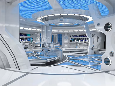 Futuristic High Tech Control Room Interior With Circular Consoles Multiple Monitors And Blue Lighting 3d model