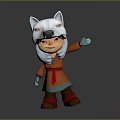 3D Cartoon Game Character With White Wolf Head Mask Yellow Eyes And Red Orange Outfit