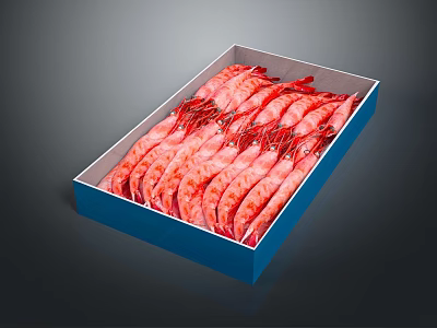 Blue Rectangular Box Filled With Fresh Red Shrimp Arranged Neatly 3d model