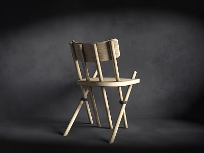 Natural Wooden Leisure Chair With Woven Backrest Crossed Legs And Minimalist Design 3d model