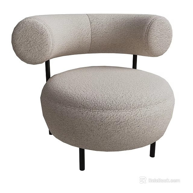 Beige Teddy Fabric Single Seater Sofa With Curved Backrest And Black Metal Legs 3d model 