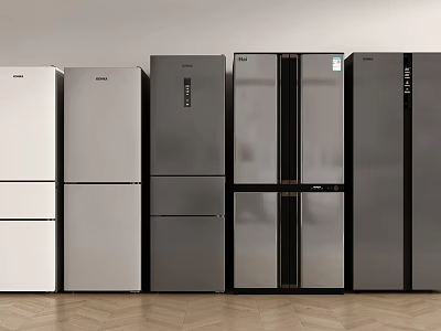 Modern Refrigerators and Freezers with Different Styles and Colors Arranged in Interior 3d model