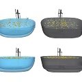 Transparent Blue And Gray Bathtubs With Golden Particles And Metal Stand