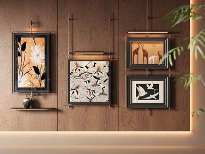 Wooden Wall Decor With Decorative Artworks Featuring Floral Bird And Animal Motifs And Green Plant 3d model