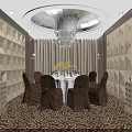 Luxurious Restaurant Private Dining Room With Round Table White Tablecloth Brown Chair Covers Chandelier