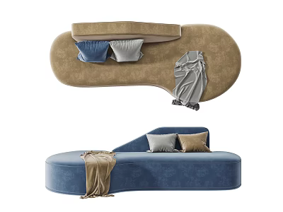 Stylish Brown and Blue Irregular-Shaped Sofas with Cozy Pillows and Soft Throw Blanket 3d model