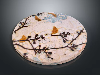 Round Wood and Stone Decorative Plate with Branch and Flower Patterns 3d model