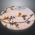 Round Wood and Stone Decorative Plate with Branch and Flower Patterns