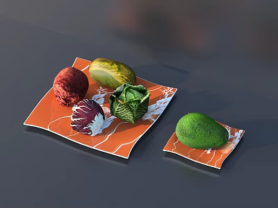 Various Types of Colorful Fresh Vegetables With Cabbage And Avocado On Orange Plates 3d model