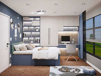 Modern Tatami Bedroom Interior With Starry Sky Mural Desk And Bookshelf 3d model