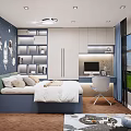 Modern Tatami Bedroom Interior With Starry Sky Mural Desk And Bookshelf