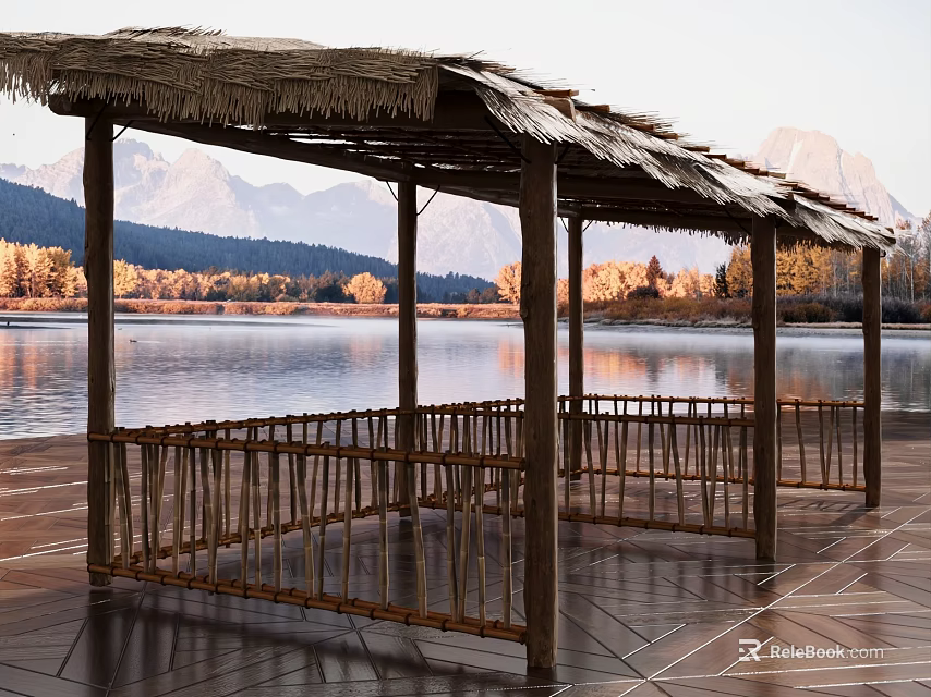 Wooden Lakeside Pavilion With Thatched Roof And Mountain Reflection At Sunset 3d model 
