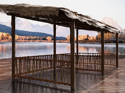 Wooden Lakeside Pavilion With Thatched Roof And Mountain Reflection At Sunset 3d model
