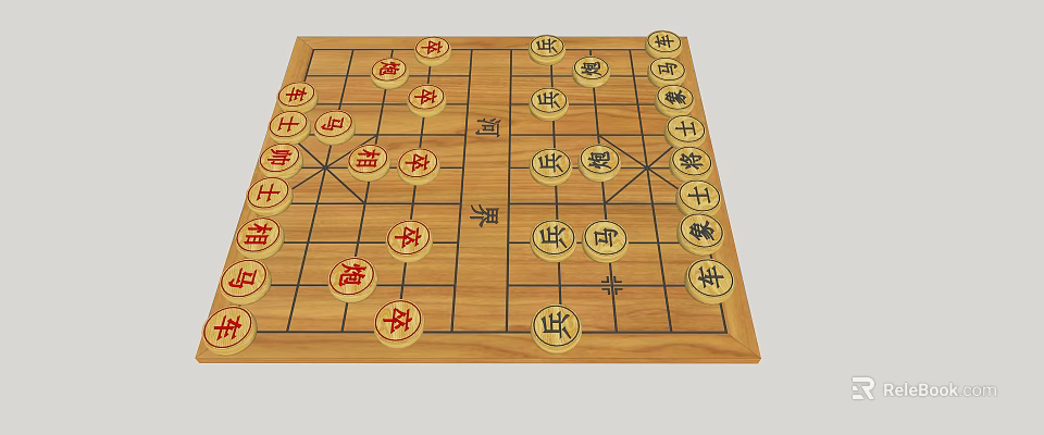 Traditional Chinese Chess Wooden Board With Character Marked Pieces 3d model 