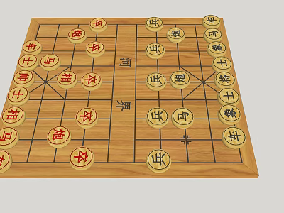 Traditional Chinese Chess Wooden Board With Character Marked Pieces 3d model